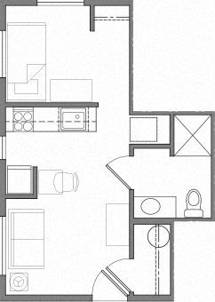 a floor plan of a small room with a bathroom and a kitchen
